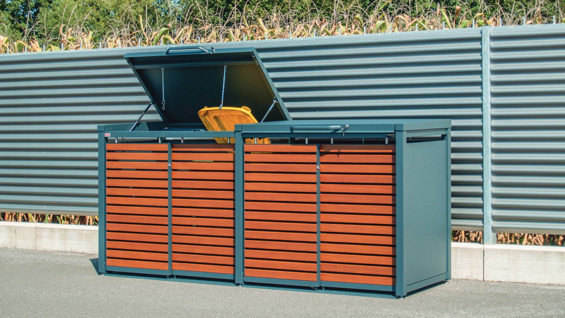 Zweier Mülltonnenbox mit Holzoptik