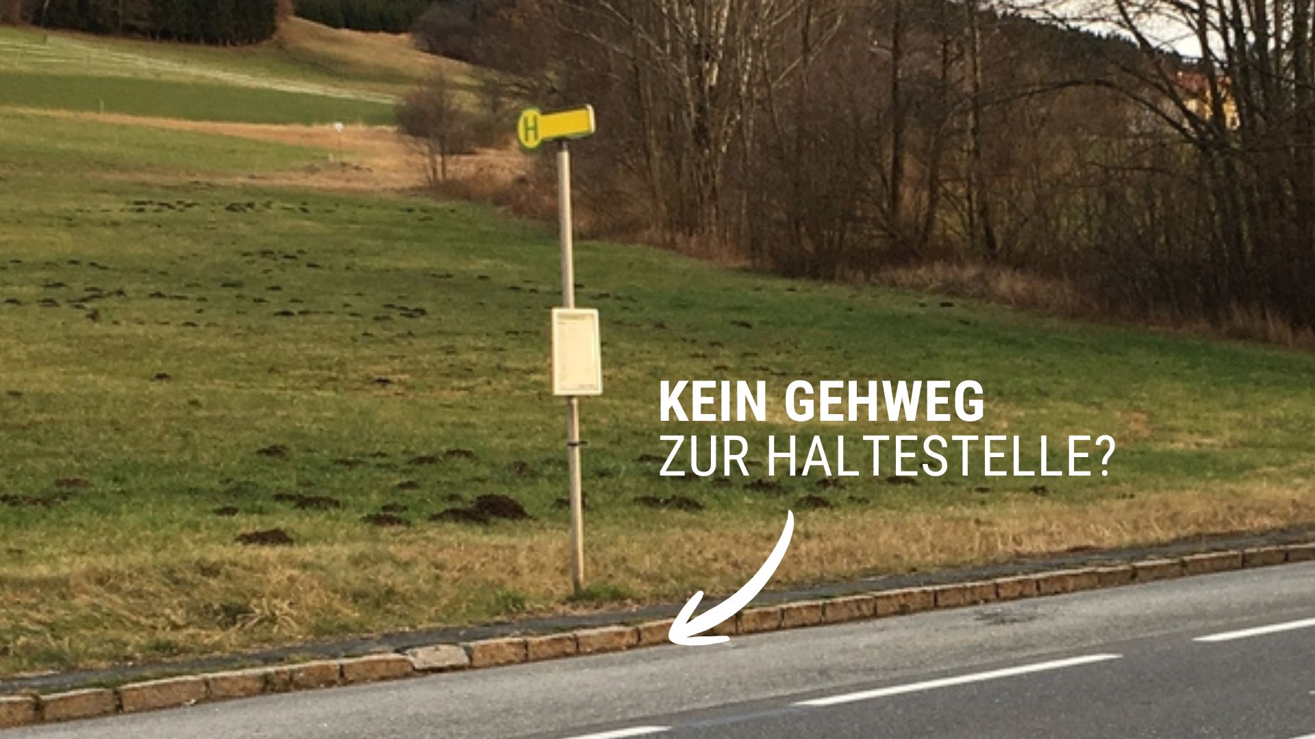 Bild mit einsamen Bushaltestellenschild und der Frage: Kein Witterungsschutz?