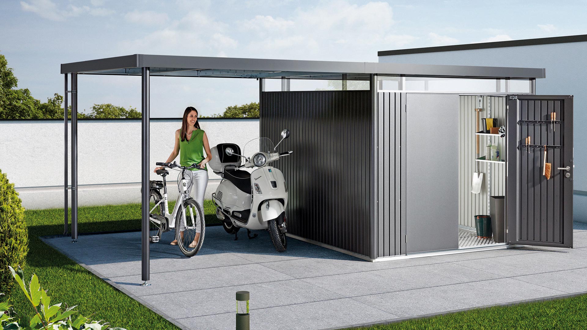 Überdachung Highline für Fahrräder oder Motorroller, integriertes Gerätehaus Highline HS