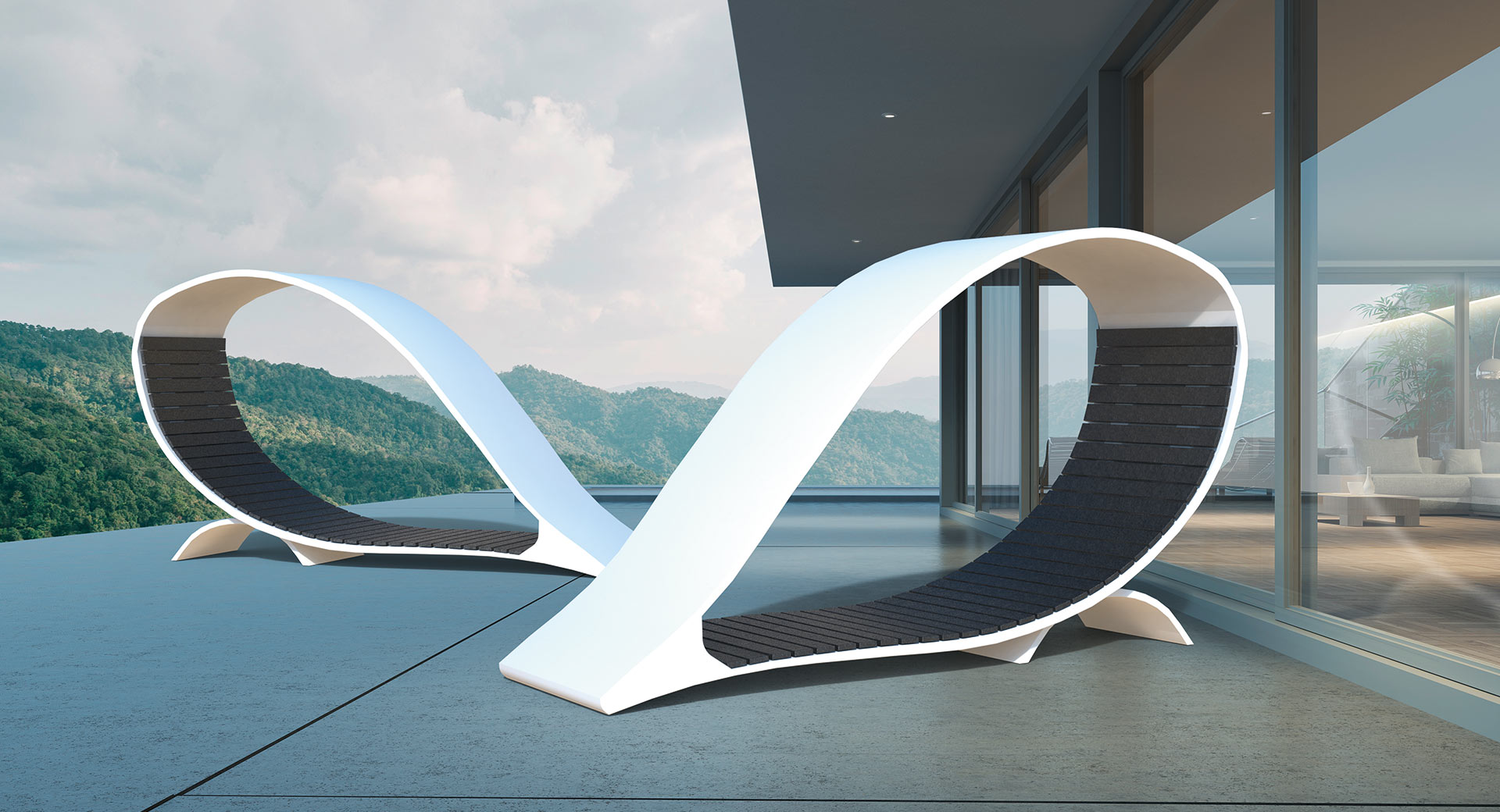 Weiße Liegebank in geschwungener Form aus upgecyceltem Material auf einer Terrasse