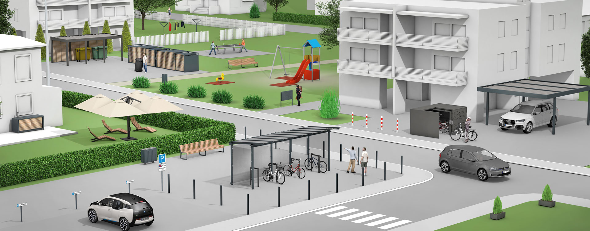 Gestaltung Wohngebiet, mit Parkplätzen, Überdachungen, Spielplatz