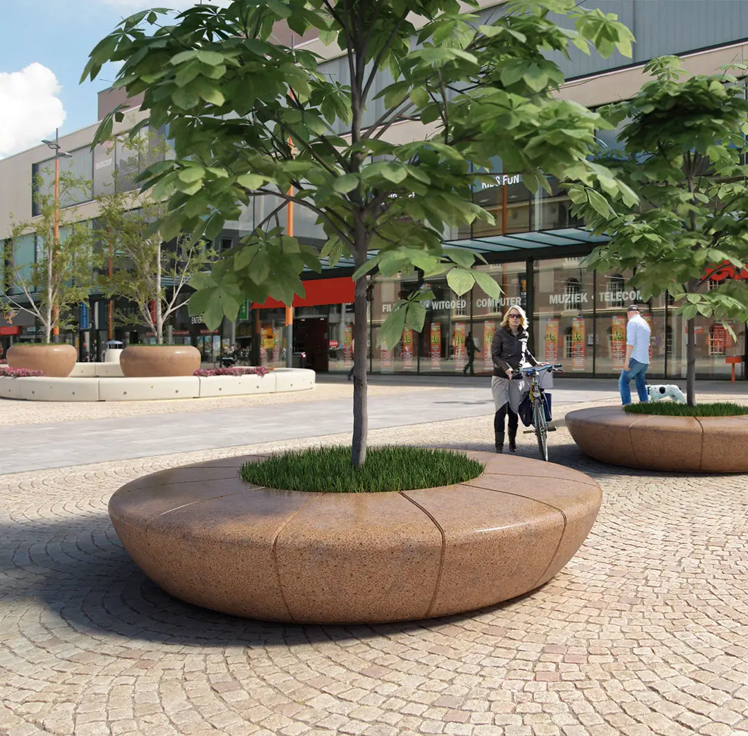 Die Rundbank OLIMPO eignet sich um mehr Bäume in die Innenstädte zu bringen.