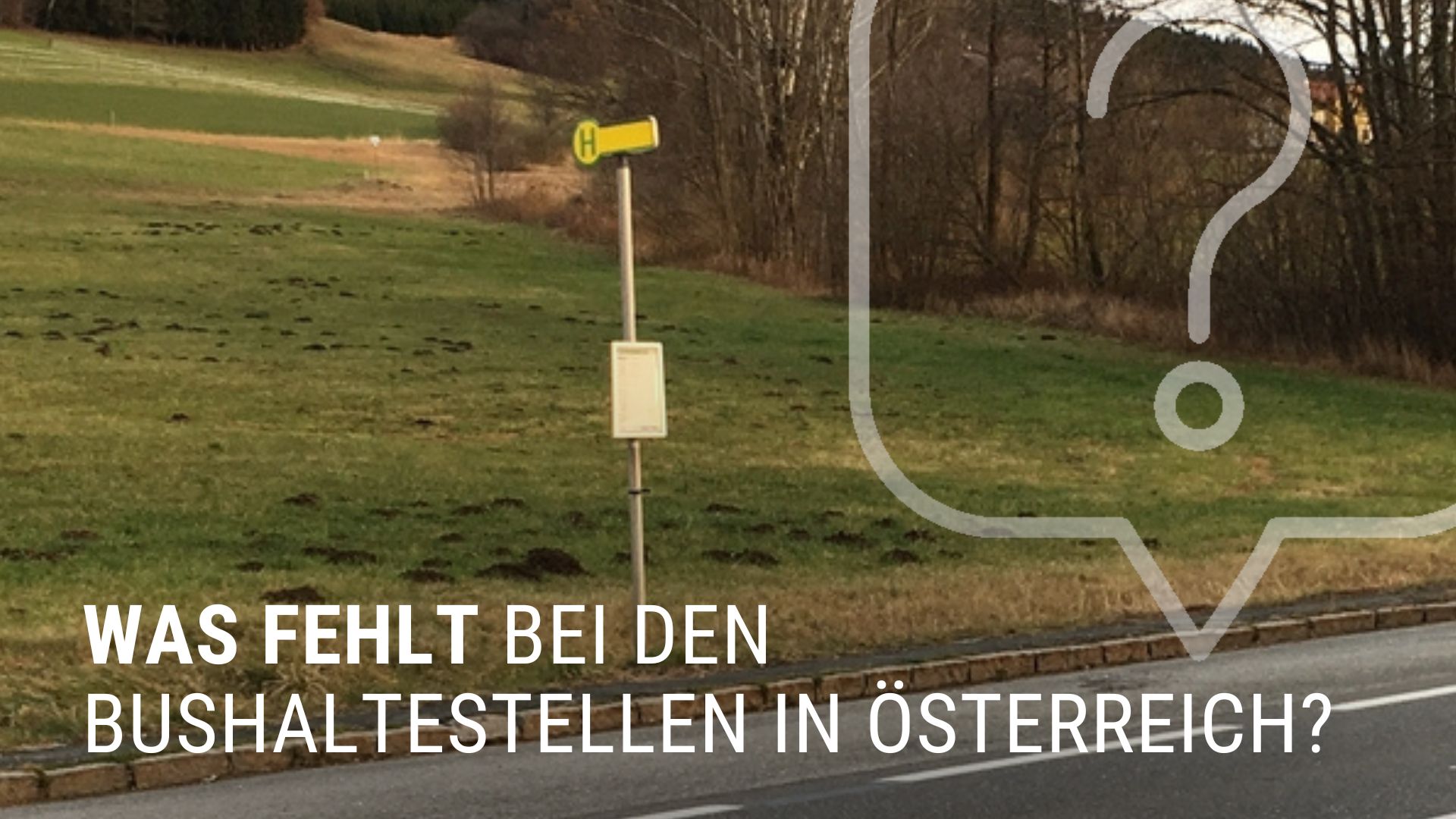 Bild mit einsamen Bushaltestellenschild und der Frage: Was fehlt bei den Bushaltestellen in Österreich?
