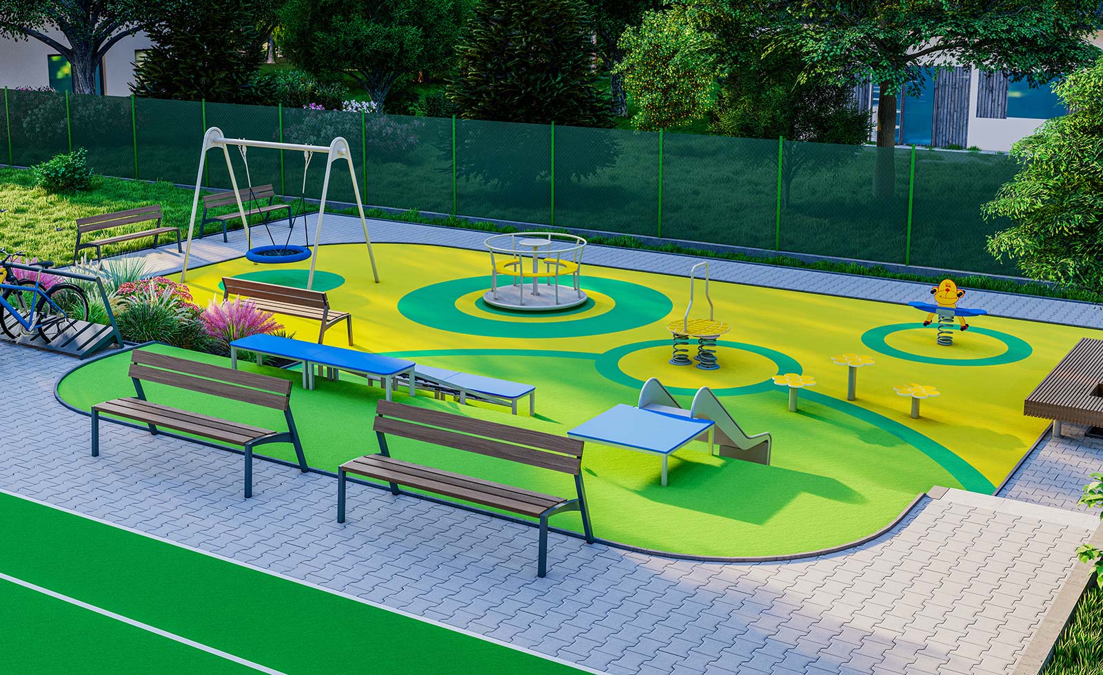 Spielplatz mit Nestschaukel, Wippe und Drehkarussell