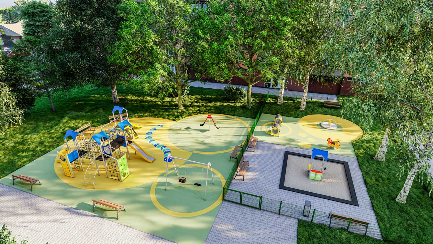 Vogelperspektive eines vielseitiger Spielplatz mit verschiedenen Bereichen