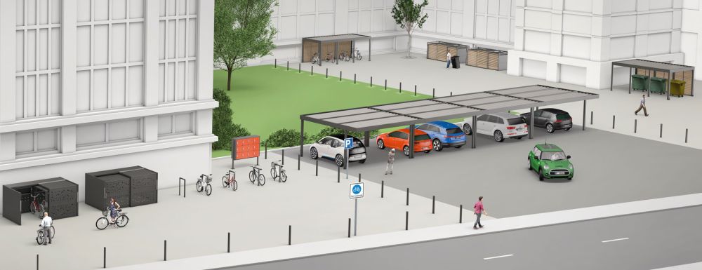 Einsatz von Überdachungen für Autos, Fahrräder oder Mülltonnen, Illustration in Vogelperspektive
