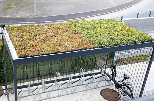 Fahrradunterstand mit begrüntem Dach und einem abgestellten Fahrrad