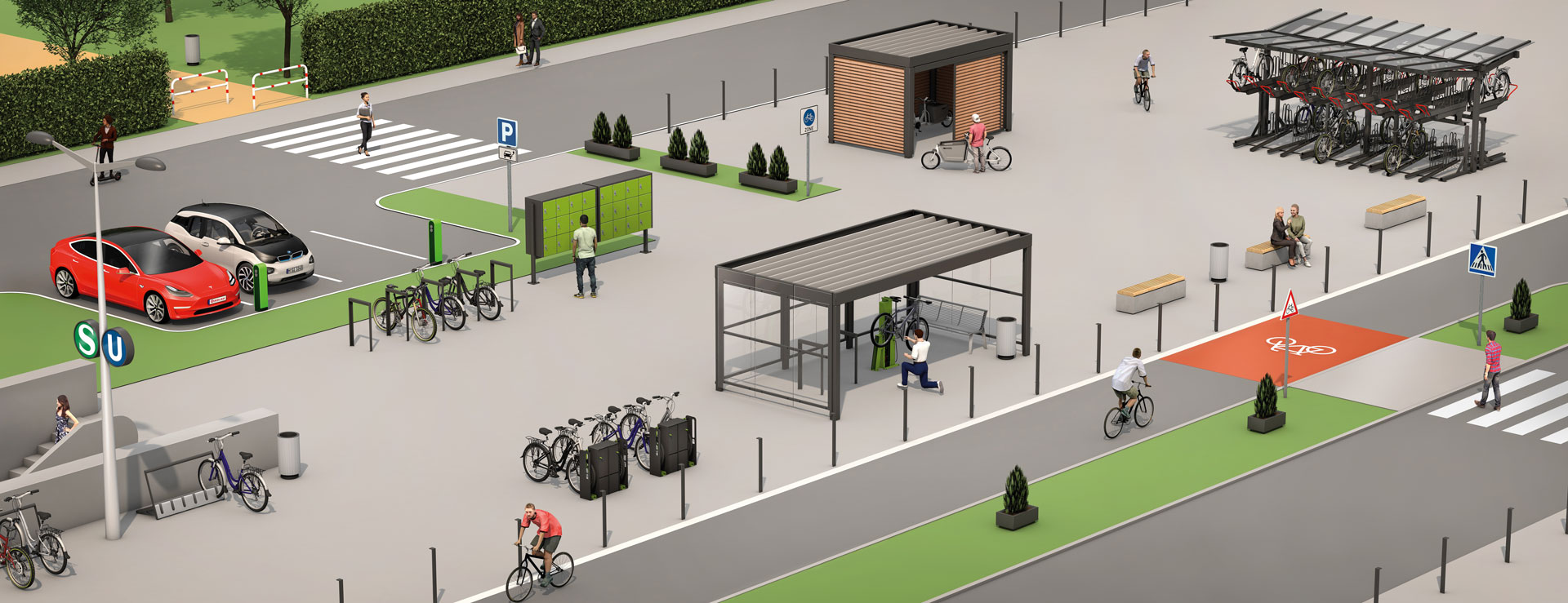 Illustration in Vogelperspektive, Fahrradgerechte Infrastruktur - Beispielhaftes Stadtbild